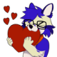 A picture of Kazuma's German Shepherd. It has square like glasses with rounded corners. The German Shepherd's shoulders and fur between the ears are blue while the rest is an off white color. The German Shepherd is biting down on the right top side of a big heart. There are three other smaller hearts in the upper left, across from his head.
